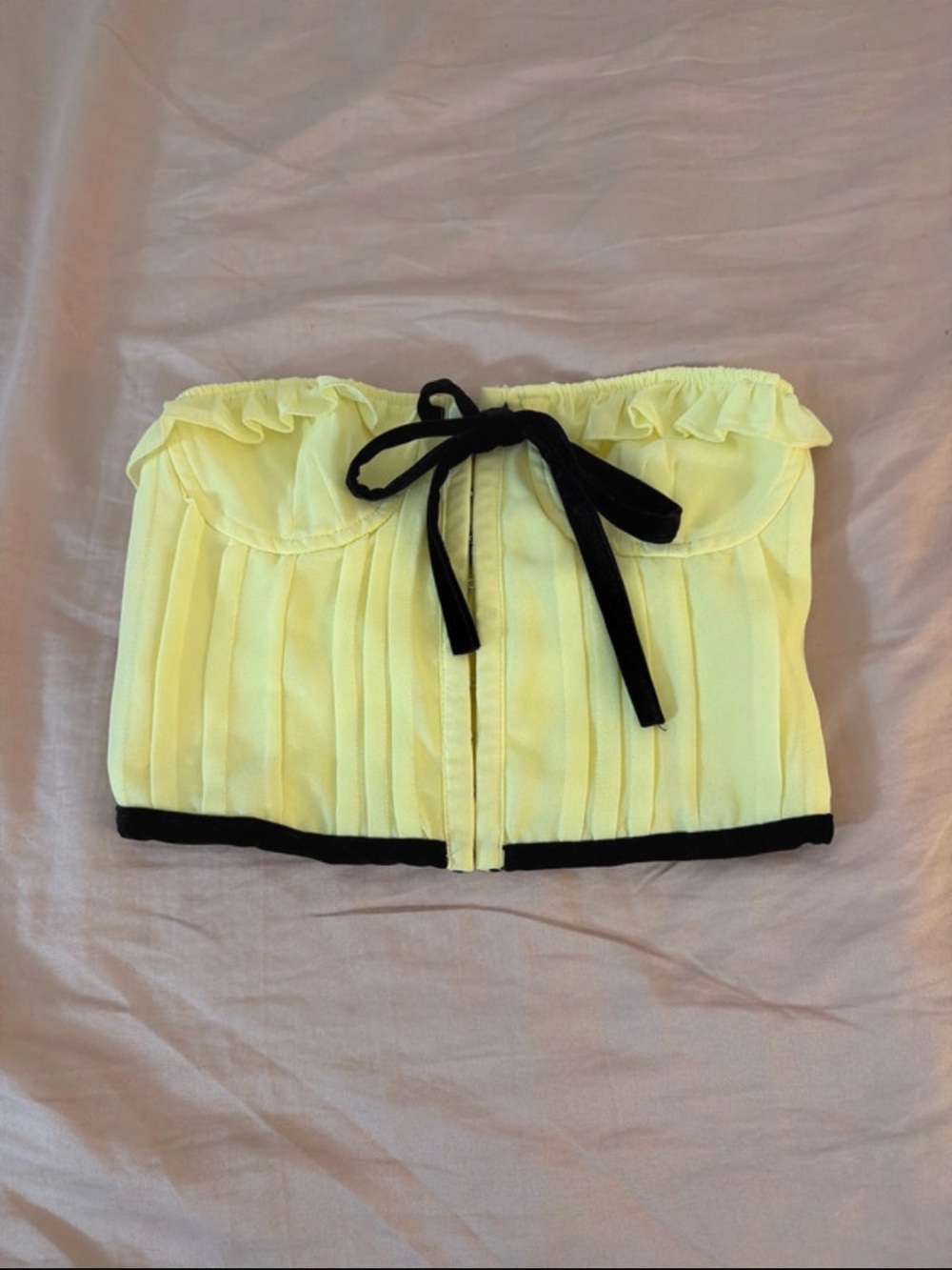 Yellow Strapless Pleated Crop Top with Black Trim